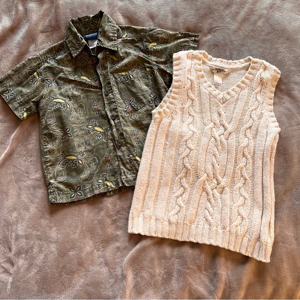 OSHKOSH Toddler Short Sleeve Button Top and Sweater Vest Bundle - Size 3 and 5T